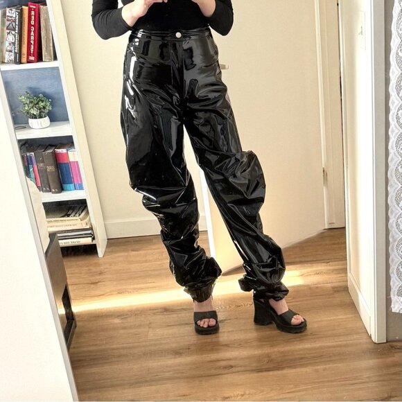 NWT Sia Arnika Swirly Oversized Trousers Black Wide Leg Coated Rave Glitch XS